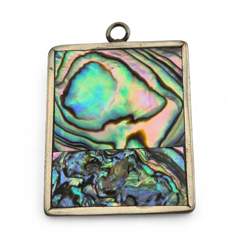 Vintage Mexico Alpaca Abalone Shell Inlay Pendant LB Artisan Mark